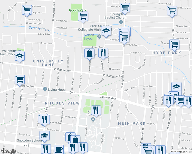 map of restaurants, bars, coffee shops, grocery stores, and more near 2088 Hallwood Drive in Memphis