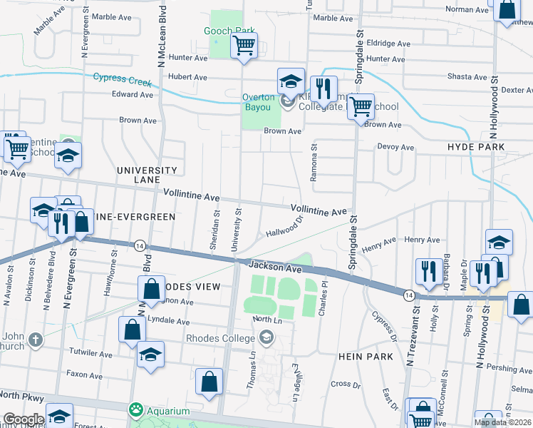 map of restaurants, bars, coffee shops, grocery stores, and more near 2048 Hallwood Drive in Memphis