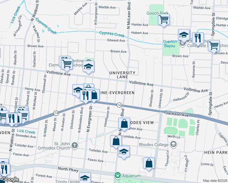 map of restaurants, bars, coffee shops, grocery stores, and more near 878 North Idlewild Street in Memphis