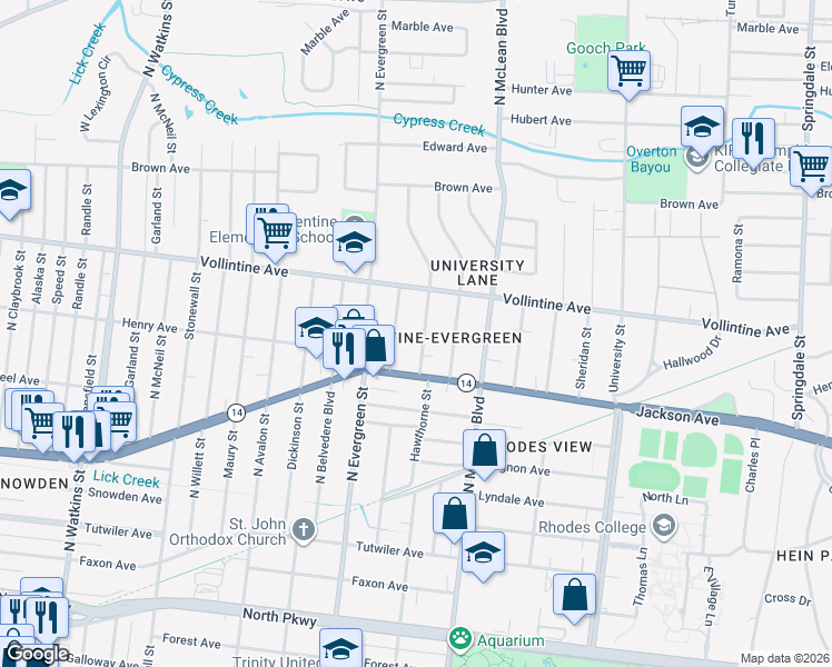 map of restaurants, bars, coffee shops, grocery stores, and more near 868 Hawthorne Street in Memphis