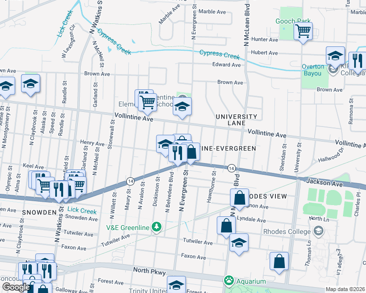 map of restaurants, bars, coffee shops, grocery stores, and more near 856 North Belvedere Boulevard in Memphis