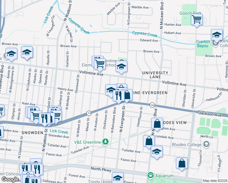 map of restaurants, bars, coffee shops, grocery stores, and more near 840 Dickinson Street in Memphis