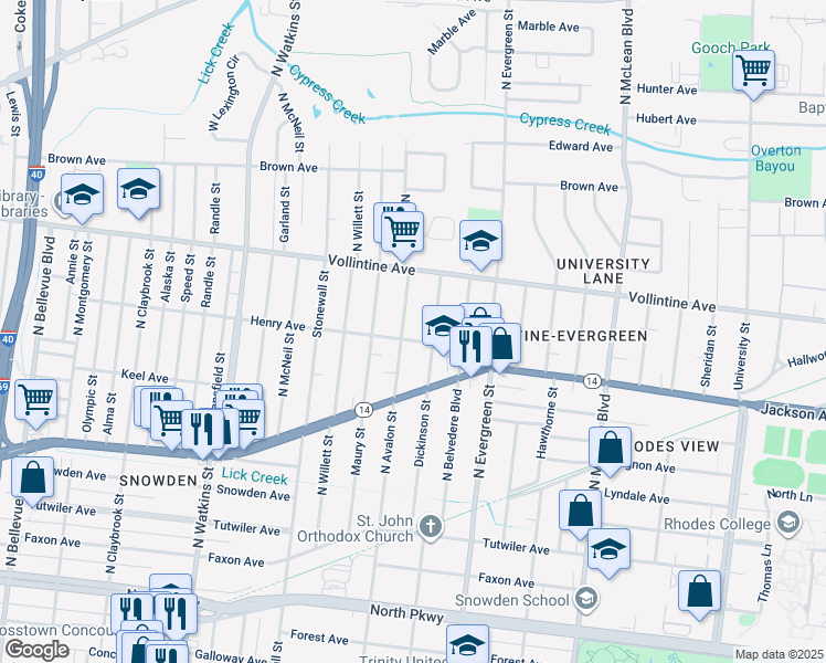map of restaurants, bars, coffee shops, grocery stores, and more near 847 North Avalon Street in Memphis