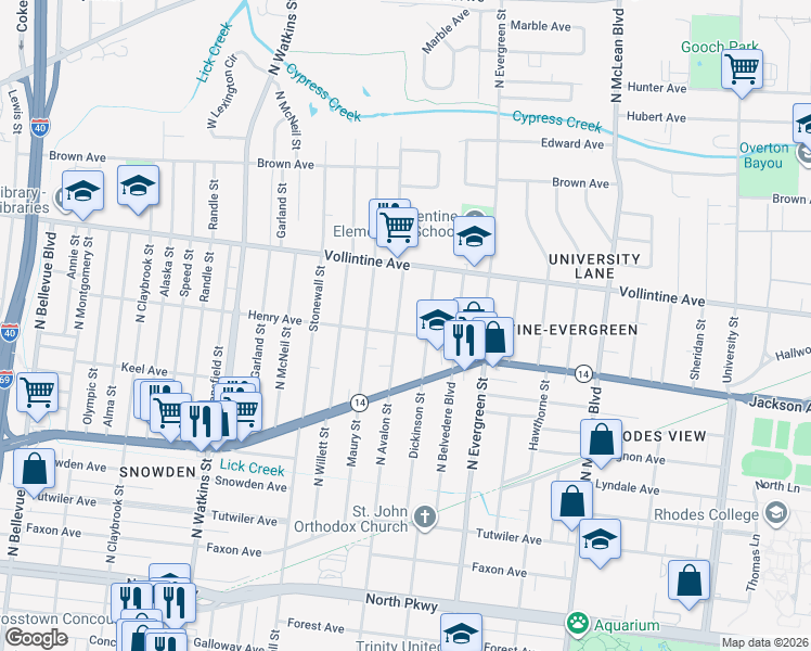 map of restaurants, bars, coffee shops, grocery stores, and more near 847 North Avalon Street in Memphis