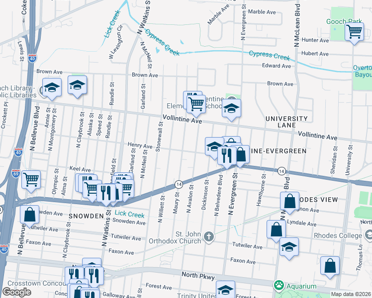map of restaurants, bars, coffee shops, grocery stores, and more near 847 North Avalon Street in Memphis