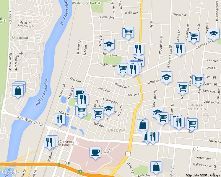 map of restaurants, bars, coffee shops, grocery stores, and more near 3 Keel Avenue in Memphis