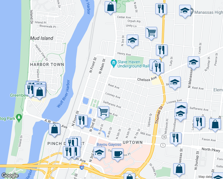 map of restaurants, bars, coffee shops, grocery stores, and more near in Memphis
