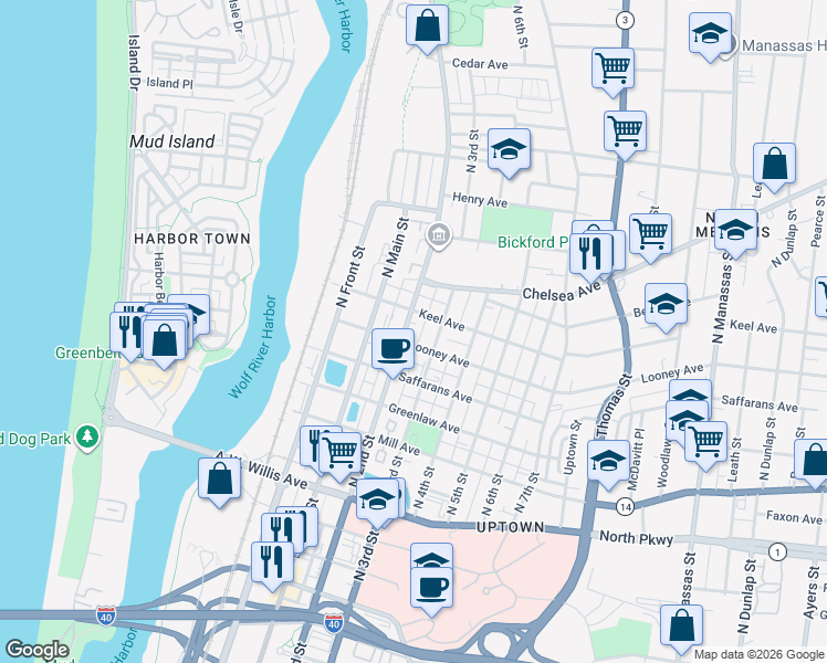 map of restaurants, bars, coffee shops, grocery stores, and more near 631 North 2nd Street in Memphis