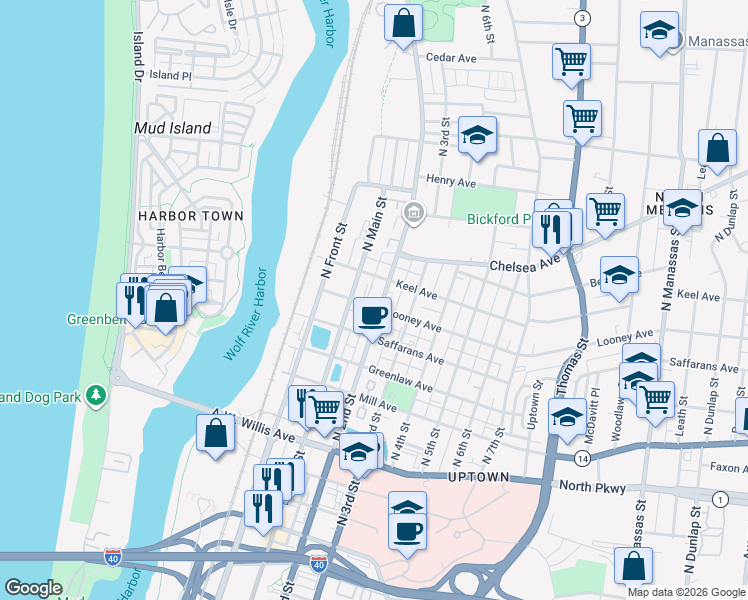 map of restaurants, bars, coffee shops, grocery stores, and more near 631 North 2nd Street in Memphis