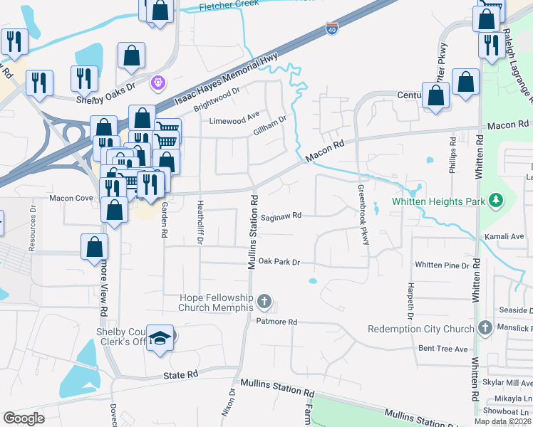 map of restaurants, bars, coffee shops, grocery stores, and more near 1320 Mullins Station Road in Memphis