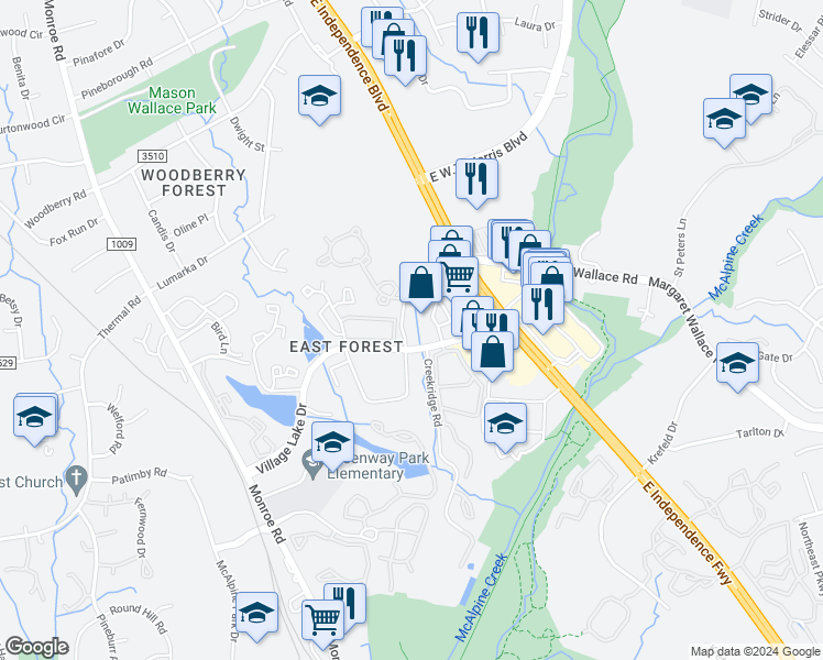 map of restaurants, bars, coffee shops, grocery stores, and more near 2140 Village Lake Drive in Charlotte