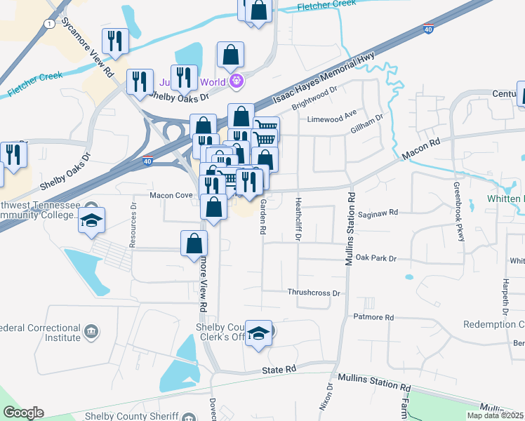 map of restaurants, bars, coffee shops, grocery stores, and more near 1317 Garden Road in Memphis