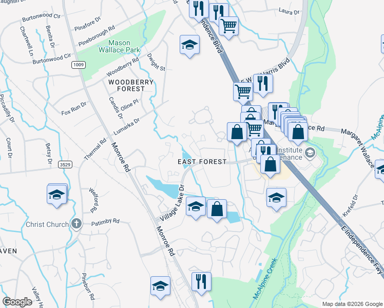 map of restaurants, bars, coffee shops, grocery stores, and more near 7352 Pebblestone Drive in Charlotte