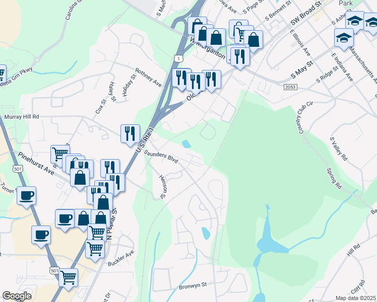 map of restaurants, bars, coffee shops, grocery stores, and more near Guilford Rd in Southern Pines