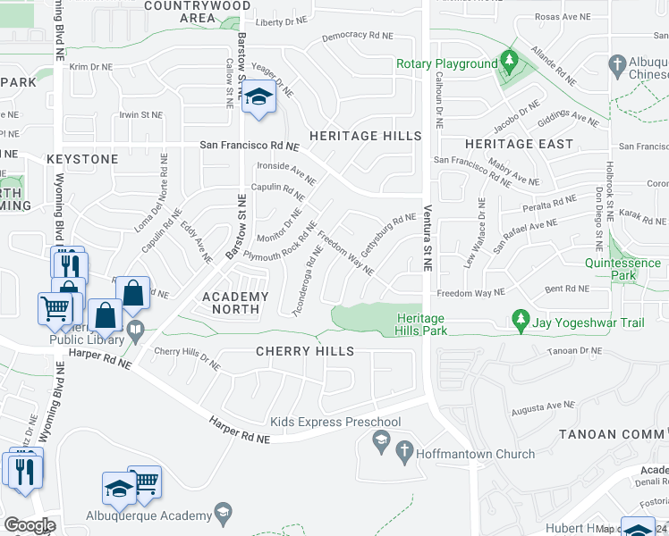 map of restaurants, bars, coffee shops, grocery stores, and more near 7208 Minuteman Drive Northeast in Albuquerque