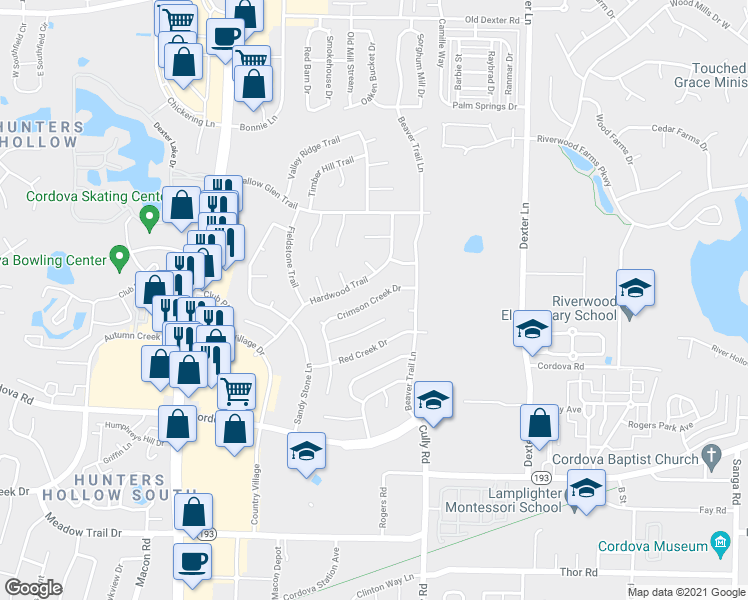 map of restaurants, bars, coffee shops, grocery stores, and more near 8275 Crimson Creek Drive in Memphis