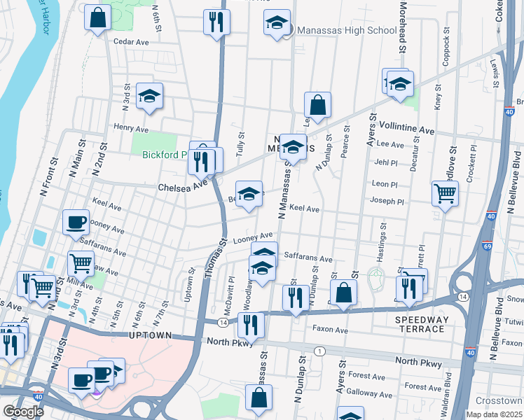 map of restaurants, bars, coffee shops, grocery stores, and more near 761 North Manassas Street in Memphis