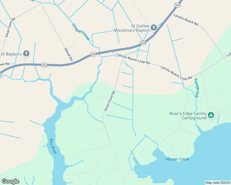 map of restaurants, bars, coffee shops, grocery stores, and more near 271 Swan Point Road in Bayboro