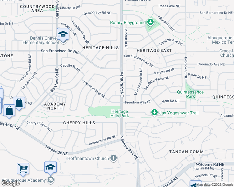 map of restaurants, bars, coffee shops, grocery stores, and more near 7304 Valley Forge Road Northeast in Albuquerque