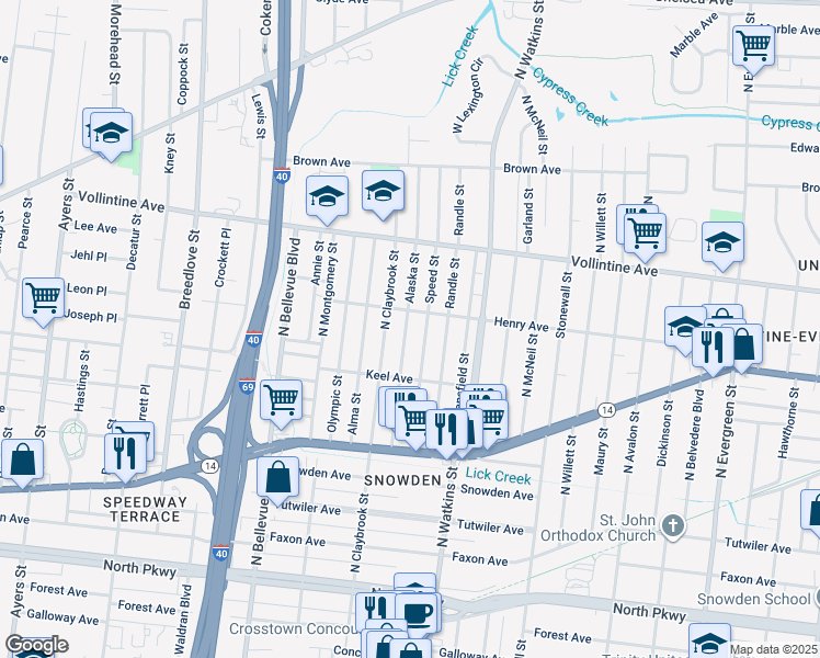 map of restaurants, bars, coffee shops, grocery stores, and more near 832 Alaska Street in Memphis