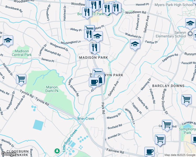 map of restaurants, bars, coffee shops, grocery stores, and more near 5006 Park Road in Charlotte