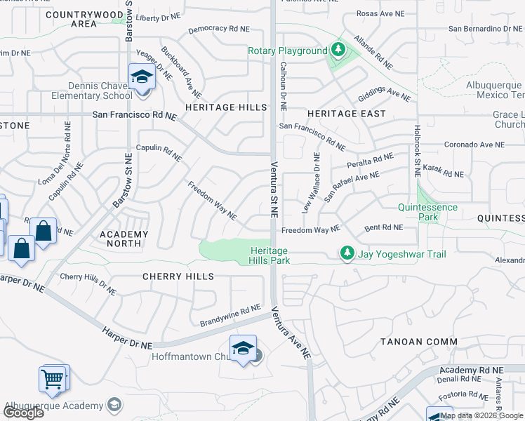 map of restaurants, bars, coffee shops, grocery stores, and more near 7304 Valley Forge Road Northeast in Albuquerque