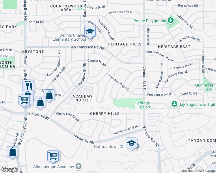 map of restaurants, bars, coffee shops, grocery stores, and more near 7128 Ticonderoga Road Northeast in Albuquerque