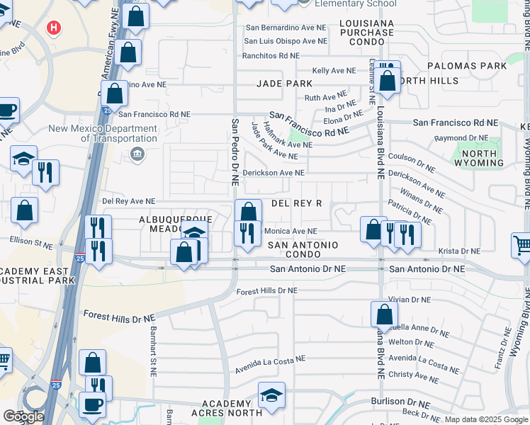map of restaurants, bars, coffee shops, grocery stores, and more near 6401 Santa Monica Avenue Northeast in Albuquerque