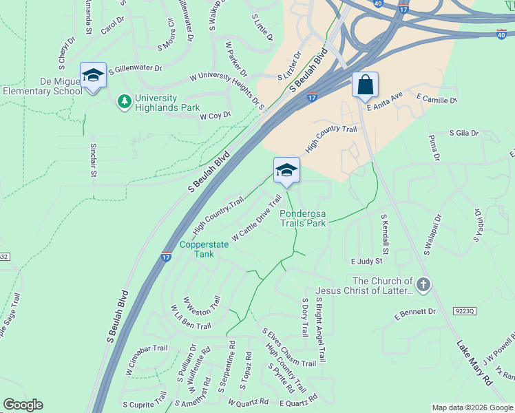 map of restaurants, bars, coffee shops, grocery stores, and more near 411 West Cattle Drive Trail in Flagstaff