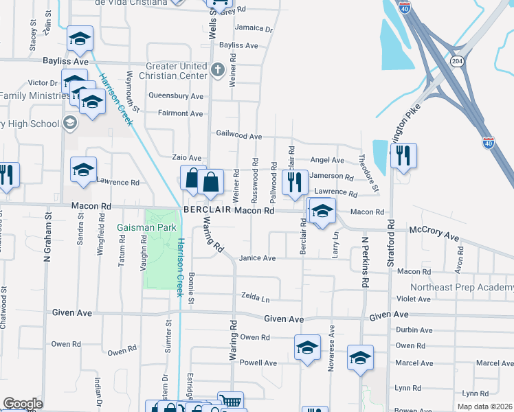 map of restaurants, bars, coffee shops, grocery stores, and more near 1106 Lorraine Street in Memphis