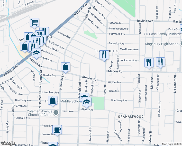 map of restaurants, bars, coffee shops, grocery stores, and more near 3574 Macon Road in Memphis