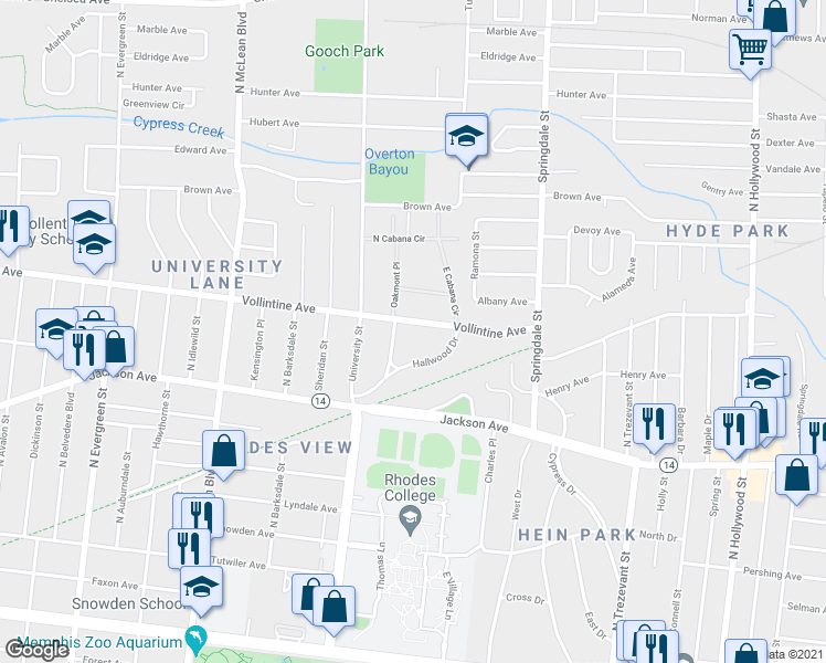 map of restaurants, bars, coffee shops, grocery stores, and more near 2048 Hallwood Drive in Memphis