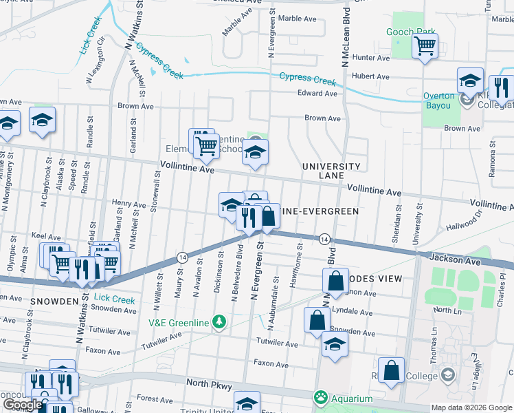 map of restaurants, bars, coffee shops, grocery stores, and more near 856 North Belvedere Boulevard in Memphis