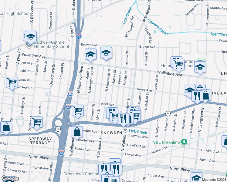 map of restaurants, bars, coffee shops, grocery stores, and more near 832 Alaska Street in Memphis