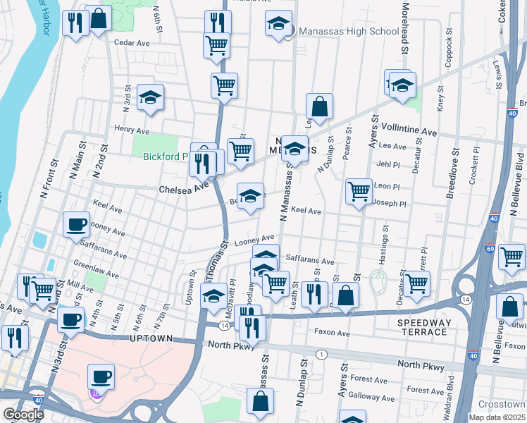 map of restaurants, bars, coffee shops, grocery stores, and more near 761 North Manassas Street in Memphis