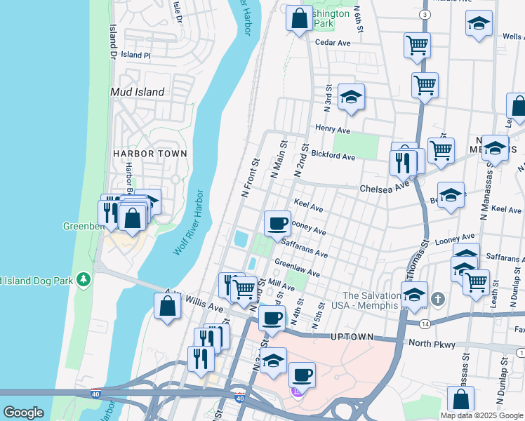 map of restaurants, bars, coffee shops, grocery stores, and more near 611 North Main Street in Memphis