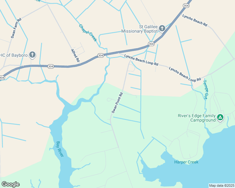 map of restaurants, bars, coffee shops, grocery stores, and more near 282 Swan Point Road in Bayboro