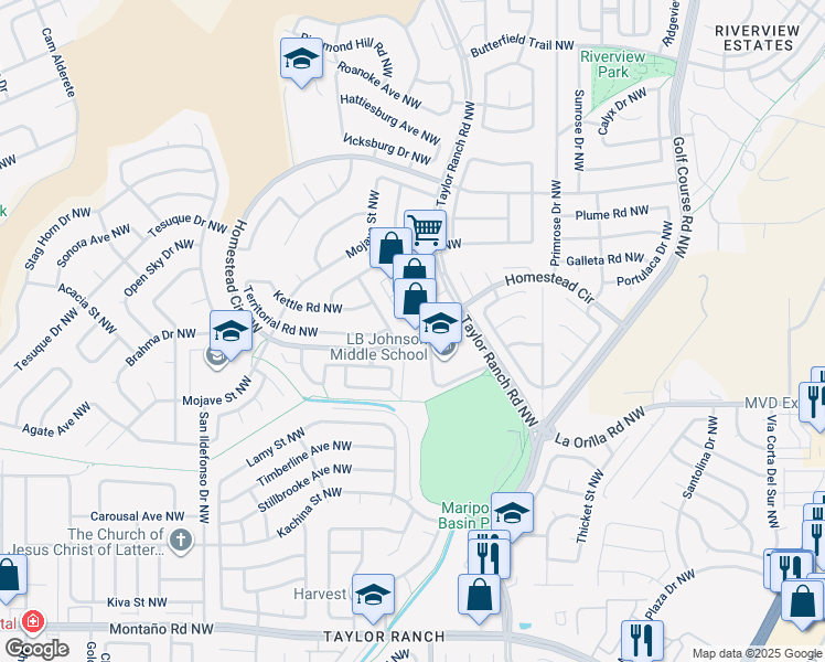 map of restaurants, bars, coffee shops, grocery stores, and more near 99999 Homestead Circle Northwest in Albuquerque