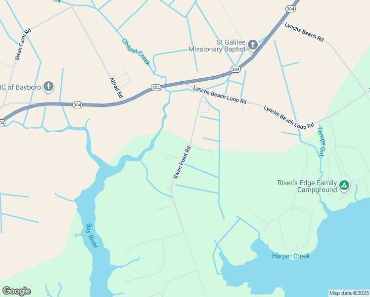 map of restaurants, bars, coffee shops, grocery stores, and more near 282 Swan Point Road in Bayboro