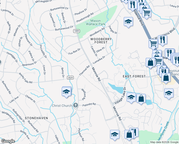 map of restaurants, bars, coffee shops, grocery stores, and more near 7814 Hummingbird Lane in Charlotte