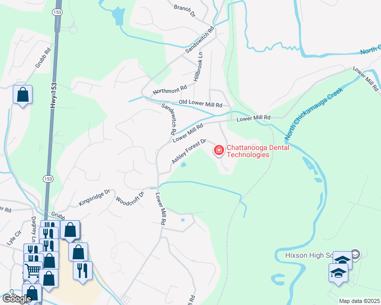 map of restaurants, bars, coffee shops, grocery stores, and more near 731 Ashley Forest Drive in Chattanooga