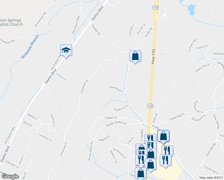 map of restaurants, bars, coffee shops, grocery stores, and more near 312 Stonewood Dr in Hixson