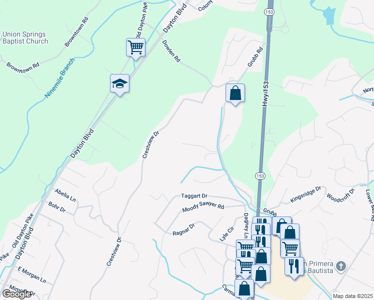 map of restaurants, bars, coffee shops, grocery stores, and more near 306 Stonewood Drive in Chattanooga