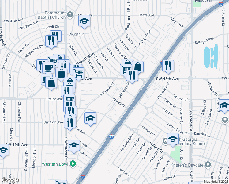 map of restaurants, bars, coffee shops, grocery stores, and more near 3615 Southwest 45th Avenue in Amarillo