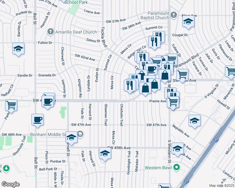 map of restaurants, bars, coffee shops, grocery stores, and more near 4452 Ridgecrest Circle in Amarillo