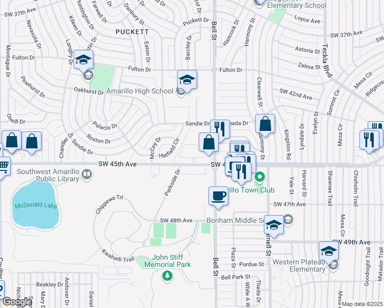 map of restaurants, bars, coffee shops, grocery stores, and more near 4402 Bell Street in Amarillo
