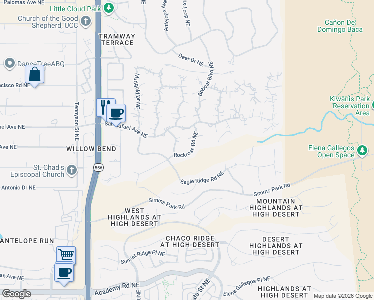 map of restaurants, bars, coffee shops, grocery stores, and more near 1242 Rockrose Road Northeast in Albuquerque