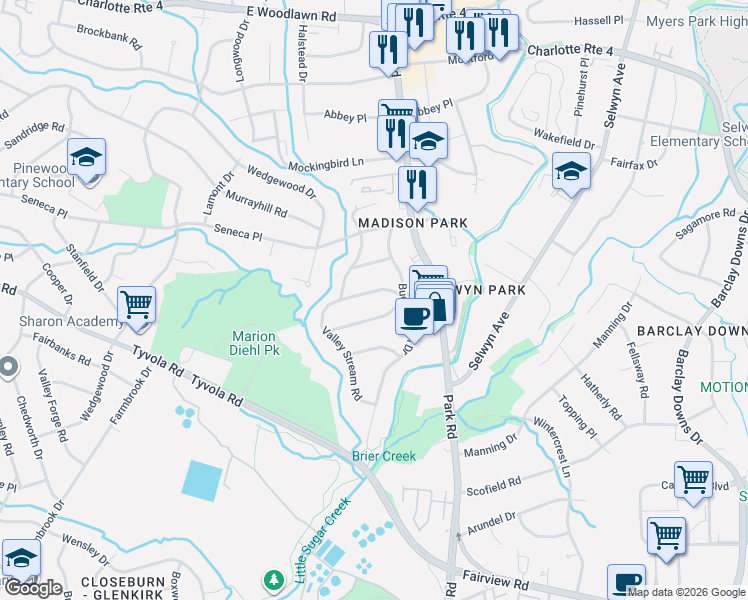 map of restaurants, bars, coffee shops, grocery stores, and more near 1421 Cortland Road in Charlotte