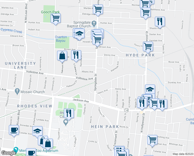 map of restaurants, bars, coffee shops, grocery stores, and more near 976 Springdale Street in Memphis