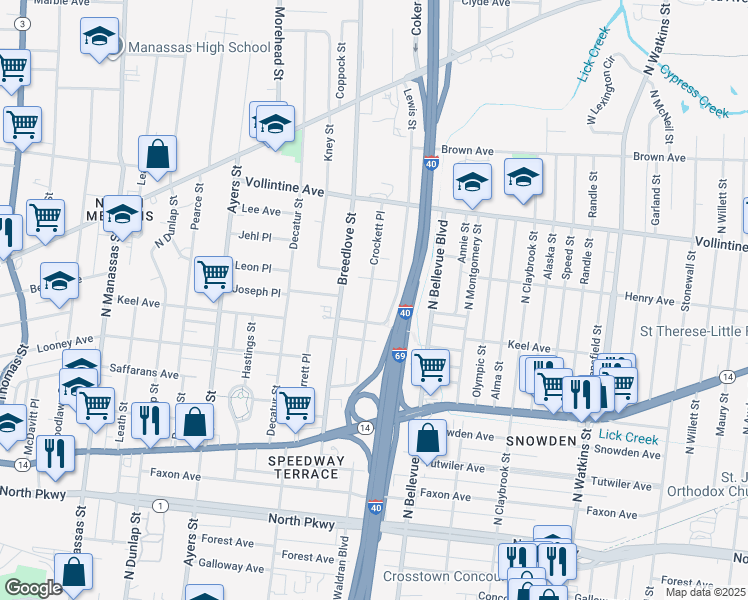map of restaurants, bars, coffee shops, grocery stores, and more near 854 Crockett Place in Memphis